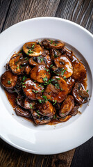 Savor the mouthwatering experience of sauteed mushrooms with aromatic herbs, elegantly presented on a white plate