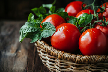 Wall Mural - Fresh organic tomatoes in a basket with vibrant green leaves, their red color standing out beautifully against the rich dark wood background, highlighting their natural texture and beauty.