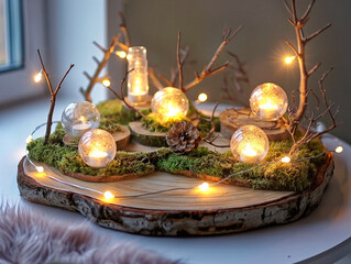 A wooden table with a mossy green background and a centerpiece of five glass balls with candles inside