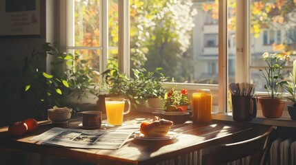 A cozy breakfast table by a large window, with fresh juice, a newspaper, and the morning light pouring in.