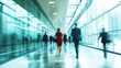 © AI_images - A dynamic shot of business people hurrying through a sleek, modern office corridor. The fast-paced movement creates a blur of motion, while the background, filled with glass walls and contemporary