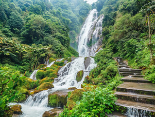 Wall Mural - A waterfall with a lush green forest in the background. The water is crystal clear and the rocks are smooth. The scene is serene and peaceful