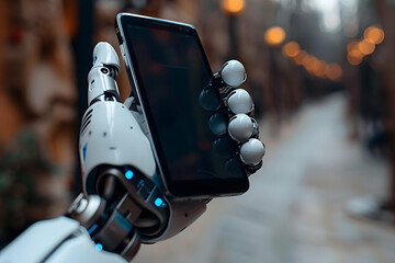 Poster - Close-up Of Humanoid Robot's Hand Holding Mobile Phone With Blank Screen