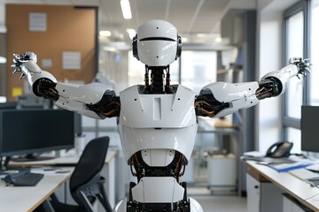 Poster - Rear View Of A Humanoid Robot Stretching Its Arms In Office
