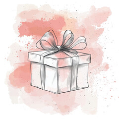 A beautifully wrapped gift box with a ribbon sits against a soft pink watercolor background