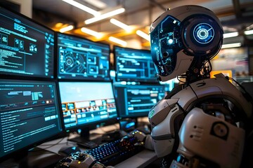 Leinwandbilder - Humanoid Robot Graphic Designer Working on Multiple Computer Screens.