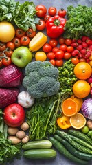 Sticker - Top view of a variety of colorful fresh vegetables and fruits arranged in a circular pattern with white space in the center for text