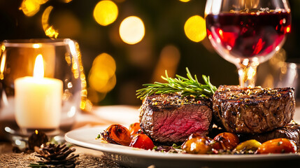 delicious beef meat steak in a restaurant with a glass of wine for dinner