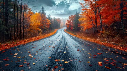 Wall Mural - Autumn Road Through Foggy Forest - Nature Photography