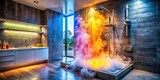 Gas geyser releasing steam and hot water in a modern bathroom showcasing energy-efficient technology