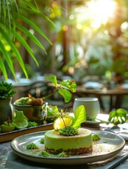 Canvas Print - A green dessert topped with a lime slice and a leaf. AI.