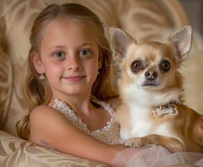 Wall Mural - A young girl smiles at the camera while holding her small dog. AI.