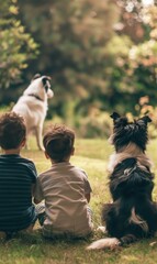 Canvas Print - Two boys sit in a grassy area with their backs to the camera, watching two dogs. AI.