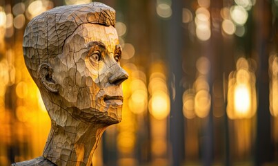 Poster - A wooden sculpture of a human head in the forest. AI.