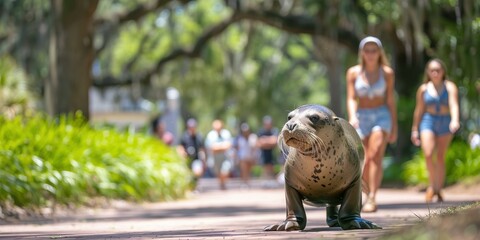 Sticker - A seal walks down a path with people passing by. AI.