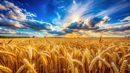 Wall Mural - Golden Wheat Field Under Blue Sky with Fluffy Clouds, Perfect for Agricultural and Nature Themes