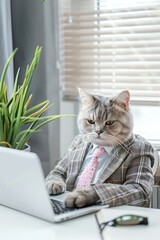 Canvas Print - A cat wearing a suit works on a laptop. AI.