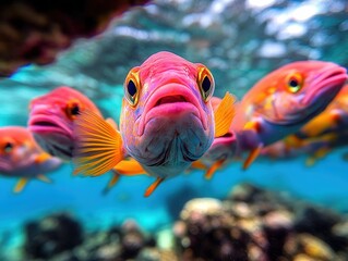 a close-up shot of a vividly colored fish swimming underwater, its large eyes and diverse hues stand