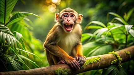 Happy monkey with a big smile sitting on a branch in a lush green jungle environment.