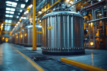 Row of large stainless steel tanks in a modern industrial facility.