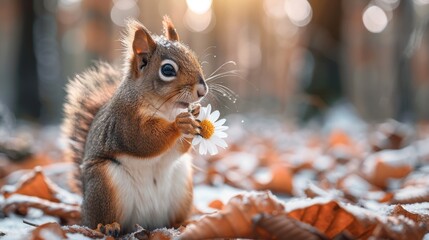 cute squirrel holds flower