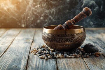 Vintage toned copper singing bowl with religious items for rituals prayers and meditation on wooden background