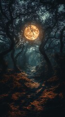 background with night forest and full moon.