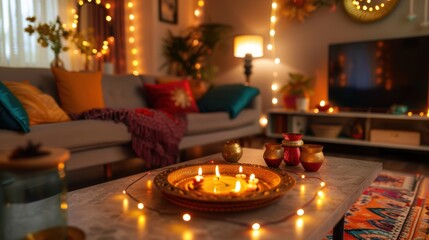 Modern Living Room Decor for Deepavali with Diya and Festive Lights - Perfect for Celebration Themes