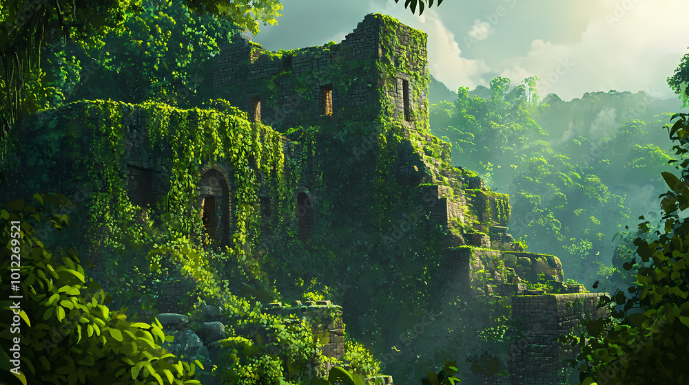 Ancient fortress hidden in a thick jungle, ruins covered in vines and ...