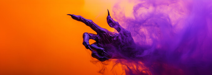 Zombie reaching towards the camera over orange background with copy space. Halloween holiday party concept, monster creepy hand. Scary claw isolated on background with purple smoke fog