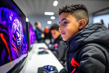 Poster - A futuristic school classroom where students learn using holographic displays, representing the educational innovations in tomorrowâ€™s world