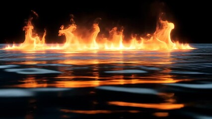 Poster - Fire on water at night, reflection in calm surface. Contrast and nature concept