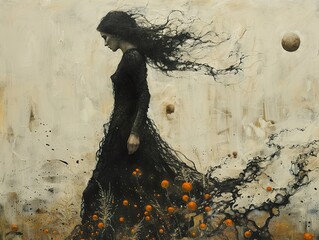 Wall Mural - Surreal Portrait of a Woman in a Black Dress with Flowing Hair