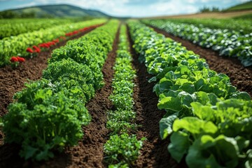 Rows of fresh vegetables growing in a field with a rolling hill in the background.