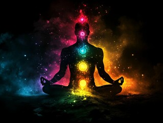 Canvas Print - Meditation and chakras. Silhouette of a body. Chakras are various focal points used in a variety of ancient meditation practices, Tantra, part of the traditions of Hinduism and Buddhism, ai generative