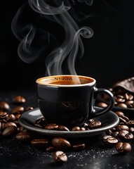 Close-up of a cup of hot espresso, with visible steam rising into the air, surrounded by roasted coffee beans scattered on a black surface