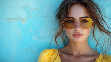 A young woman with blue eyes and long brown hair, wearing yellow sunglasses and a yellow dress, looks directly at the camera.