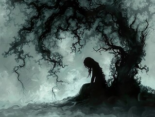 Sticker - Silhouette of a Woman Under a Dark Tree: A Melancholy Fantasy Painting