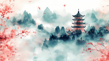 Wall Mural - chinese temple in the sunset