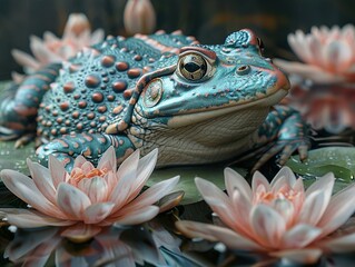 Poster - Closeup of a Vibrant Frog Resting on a Water Lily