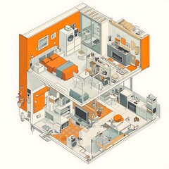 Canvas Print - Isometric Illustration of a Modern Two Story Apartment with Detailed Interior Design