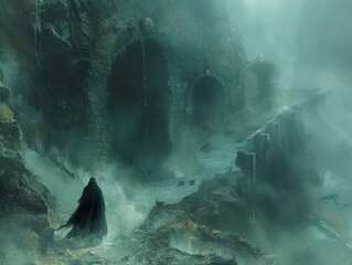 Canvas Print - Mysterious Stone Ruins in a Foggy Landscape