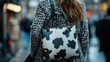 © Horizen - Fashionable cow print handbag and checkered coat in a trendy urban setting