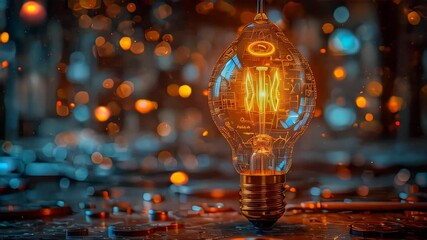 Poster - Lightbulb with moving gears as a symbol of an idea on dark background
