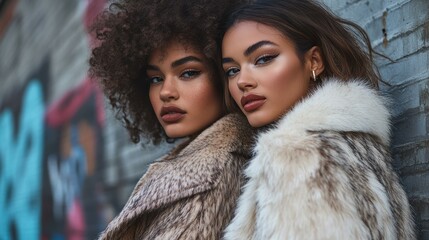 chic urban fashion: models in stylish faux fur jackets for winter trends and glamour