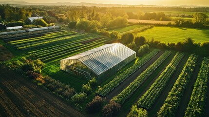 Sticker - Aerial View of a Greenhouse and Farmland at Sunset