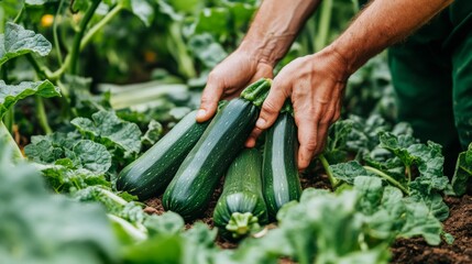 Sticker - Close-up of Hands Harvesting Green Zucchini in a Garden