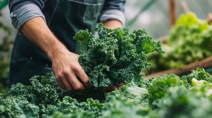 Canvas Print - Close-up of a Hand Picking Fresh Kale in a Greenhouse