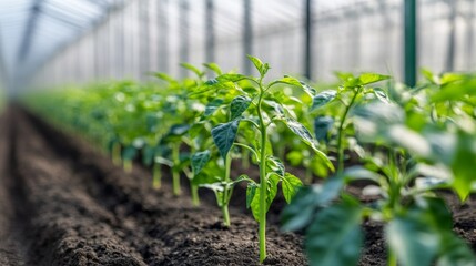 Sticker - Rows of Young Pepper Plants Growing in a Greenhouse