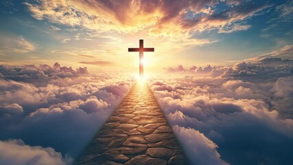Poster - Pathway to cross above clouds at sunset, spiritual journey concept